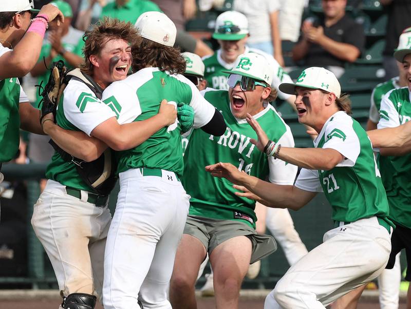 Providence Catholic players celebrate after their Class 4A state semifinal win over Edwardsville Friday, June 7, 2024, at Duly Health and Care Field in Joliet.