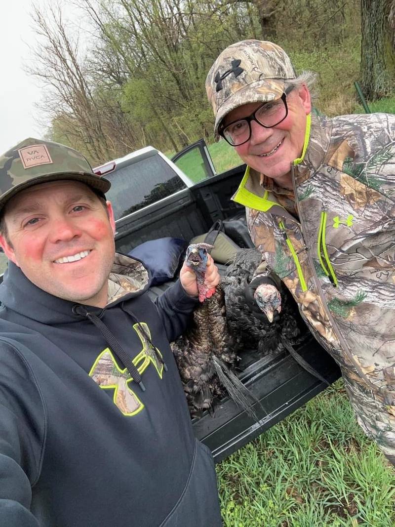 The father and son team of, Doug (right) and Douglas, each shot a turkey for a double while hunting in New Bedford on April 17.