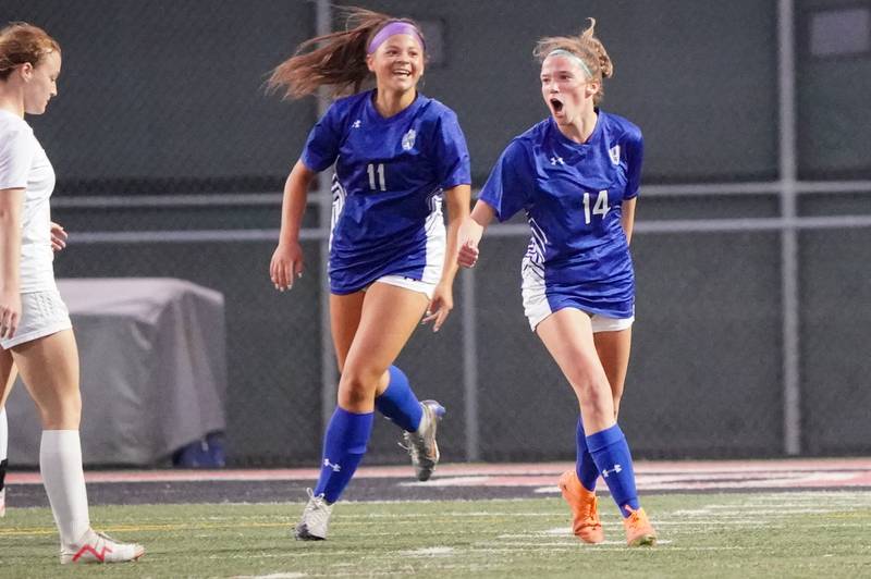 Geneva’s Ella Howard (14) reacts after scoring a goal against Glenbard East during a Class 3A Glenbard East Regional semifinal soccer match at Glenbard East High School in Lombard on Tuesday, May 14, 2024.