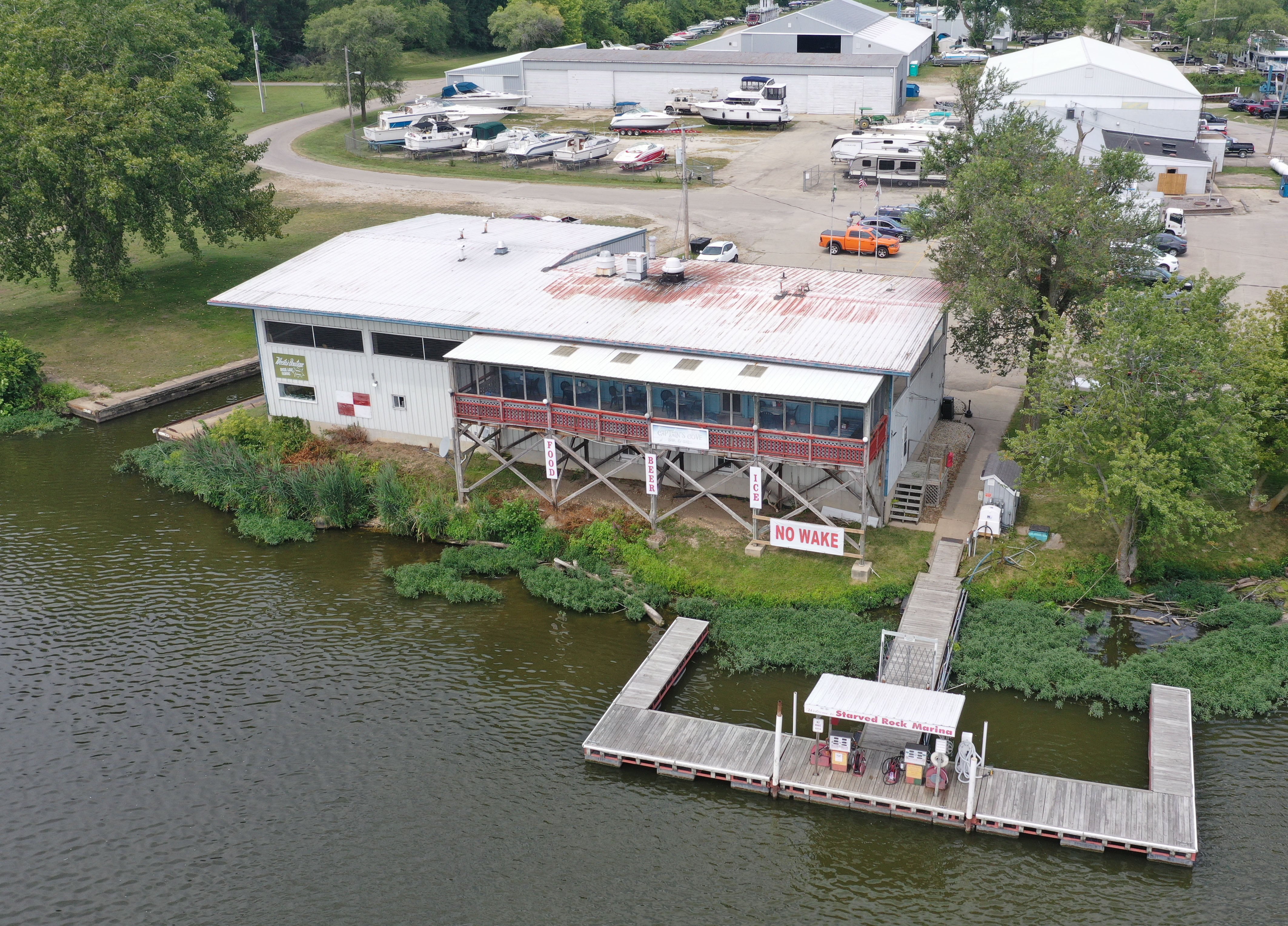 An aerial view Captain's Cove restaurant on Wednesday, Aug. 14, 2024 in Ottawa. The restaurant went on the market on Aug. 2, 2024. is for sale is for sale in Ottawa. The prices is listed at $565,000.