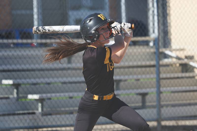 Joliet West’s Ella Featherston connects against Plainfield Central on Wednesday, May 15, 2024 in Joliet.