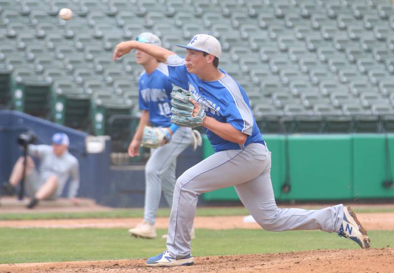 Newman pitcher Evan Bushman fires a pitch to Wilmington during the Class 2A third place game on Saturday, June 1, 2024 at Dozer Park in Peoria.