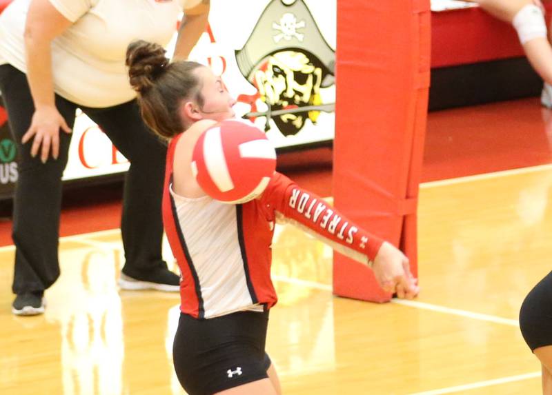 Streator's Ava Gwaltney misses a return against Ottawa on Thursday, Aug. 29, 2024 in Kingman Gym at Ottawa High School.