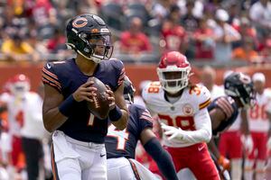 Chicago Bears head coach Matt Eberflus calls in a play during an NFL  preseason football game against the Tampa Bay Buccaneers, Sunday, Sept. 17,  2023, in Tampa, Fla. (AP Photo/Peter Joneleit Stock