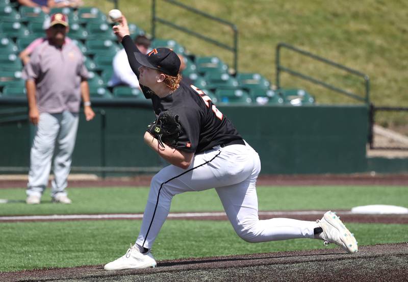 Crystal Lake Central's Rhett Ozment delivers a pitch during their Class 3A state semifinal game against Morris Friday, June 7, 2024, at Duly Health and Care Field in Joliet.