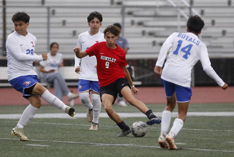 Huntley's Anthony Frelas tries to control the ball during a nonconference soccer match against Larkin on Thursday, Sept. 5, 2024, at Huntley High School.