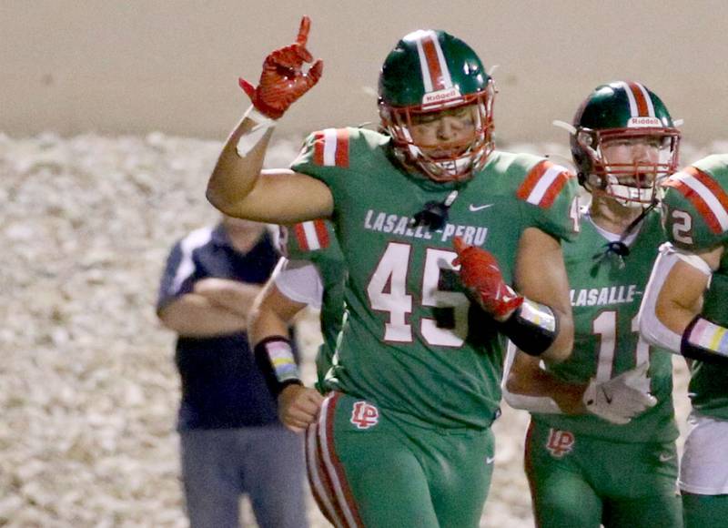 L-P's Andres Medina reacts after making a big play against United Township on Friday, Aug. 30, 2024 at Howard Fellows Stadium.