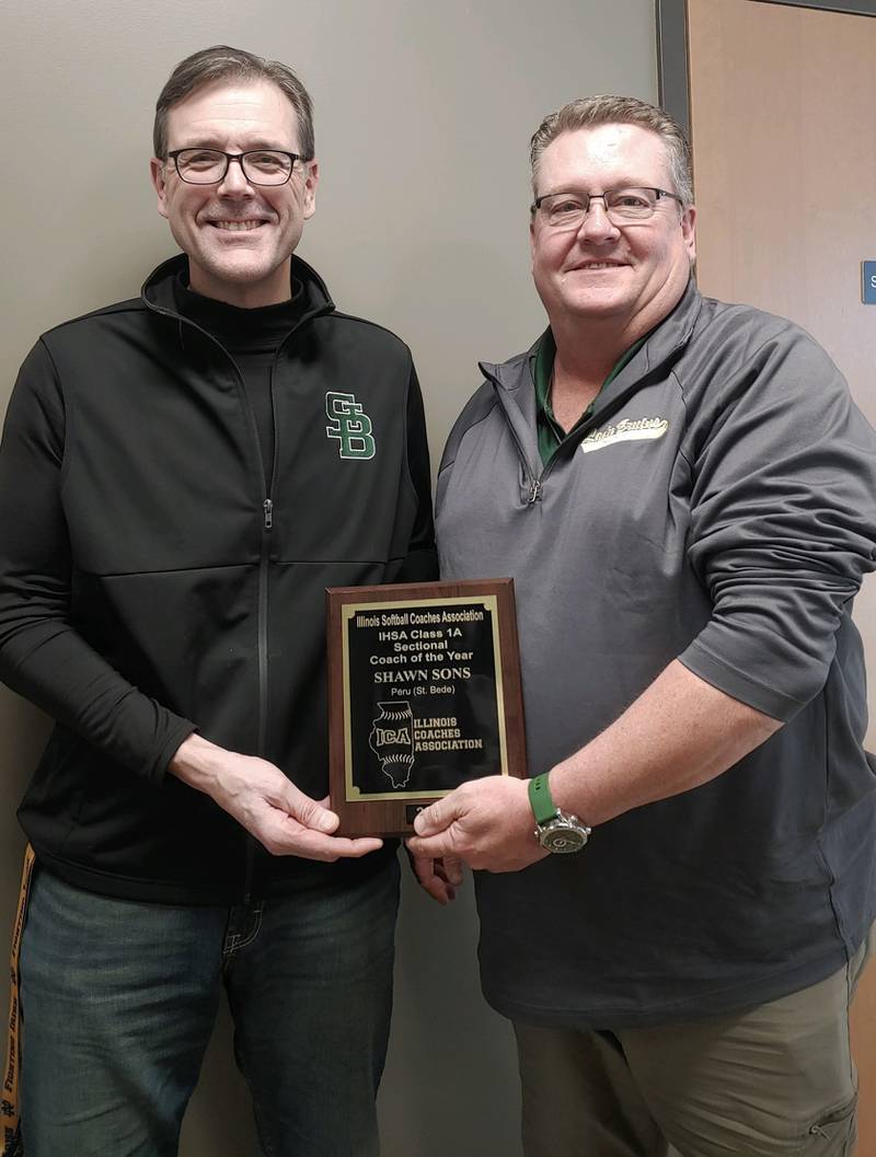 St. Bede coach Shawn Sons (right), pictured with athletic director Michael Armatto, received the Illinois Coaches Association's 2023 Class 1A Softball Coach of the Year  Sunday in Bloomington. Sons led the St. Bede softball team to the 2023 Class 1A State championship.