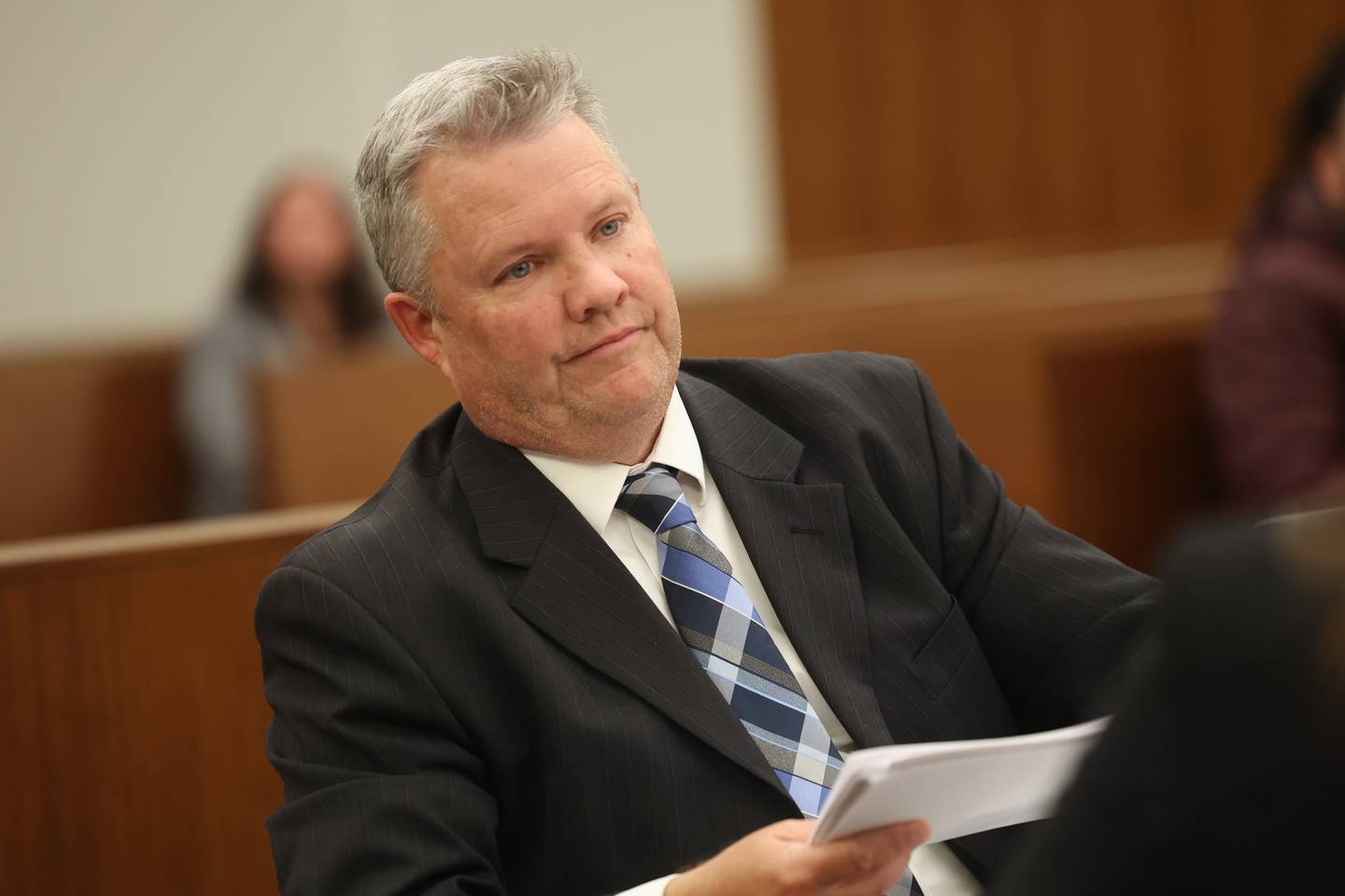 Will County Assistant’s State Attorney Michael Fitzgerald waits in the courtroom for the hearing of Joseph Czuba at the Will County Courthouse on Monday, Oct. 30, 2023 in Joliet. Joseph Czuba, 71, was arraigned on charges of first-degree murder of 6-year-old Wadea Al-Fayoume and and attempting to kill his mother, Hanaan Shahin, 32, on Oct. 14 at a Plainfield Township residence.