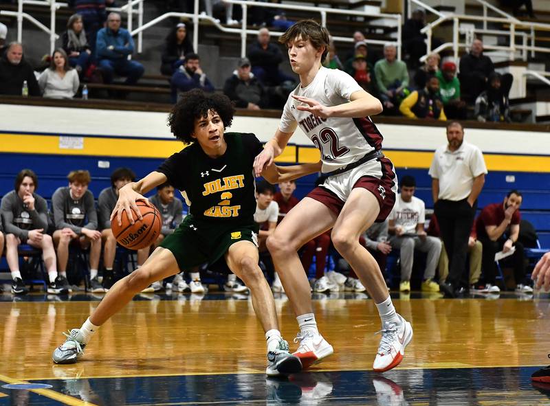 Joliet Central's Zion Kostyra drives to the basket during a conference game against Plainfield North on Friday, Jan. 19, 2024, at Joliet. (Dean Reid for Shaw Local News Network)