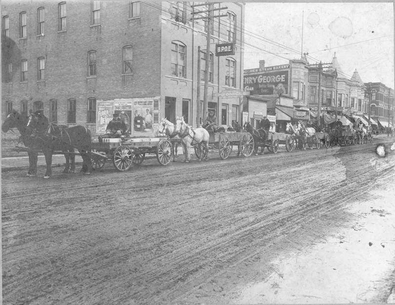 Looking northeast from the corner of First and Main (later Lincoln Highway) streets, circa 1900.