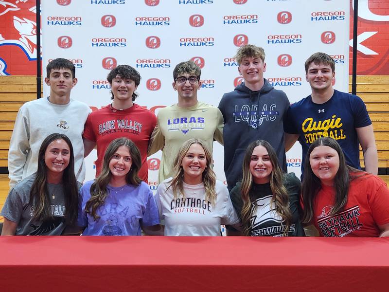 Oregon High Schooll athletes are: front row, Kenna Wubbena, Lexi Ebert, Sarah Stevens, Gracen Pitts, and Olivia Paul; Back row: Leo Carednas, Kylar Early, Anthony Bauer, Jameson Caposey, and Jackson Glendenning.