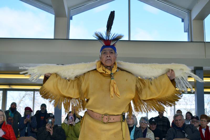 Rudy Vallejo, of the Kickapoo Indians of Kansas and Potawatomi, performs an Eagle Dance in the Rock Falls Community Center on Saturday, Feb. 10, 2024.