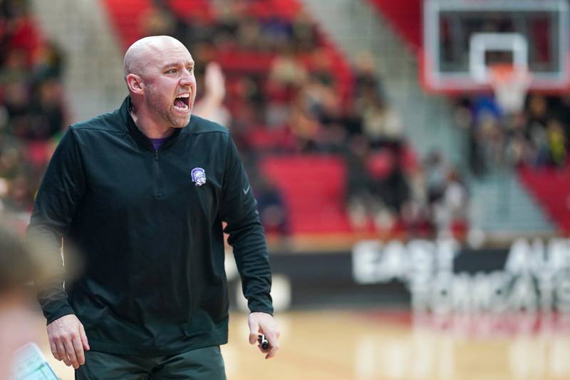 Downers Grove North's head coach Jim Thomas during a Class 4A East Aurora sectional semifinal basketball game against Waubonsie Valley at East Aurora High School on Wednesday, Feb 28, 2024.