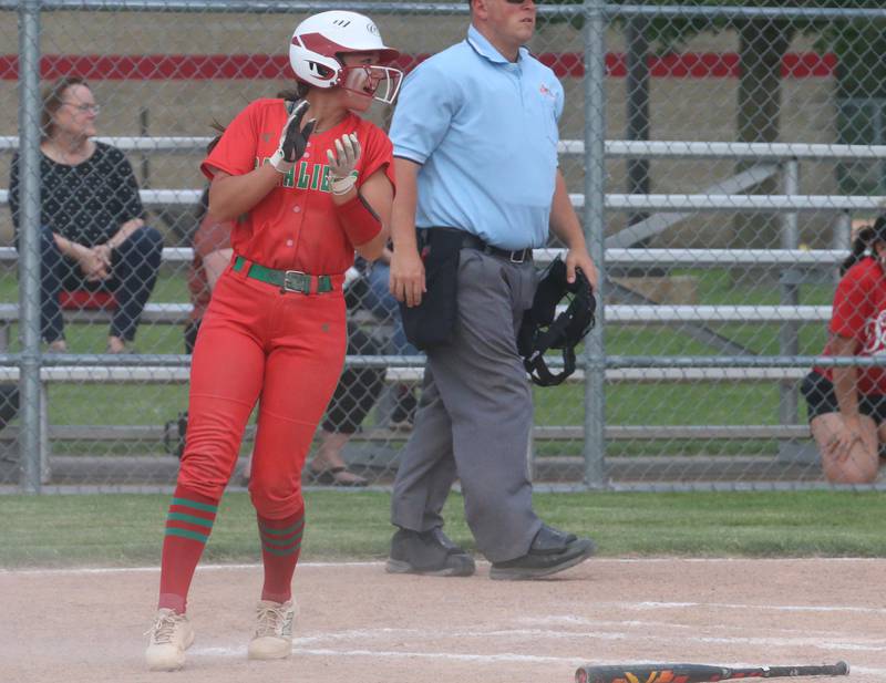 L-P's Cali Mickley reacts after scoring a run against Streator during the Class 3A Regional semifinal game on Tuesday, May 21, 2024 at Metamora High School.