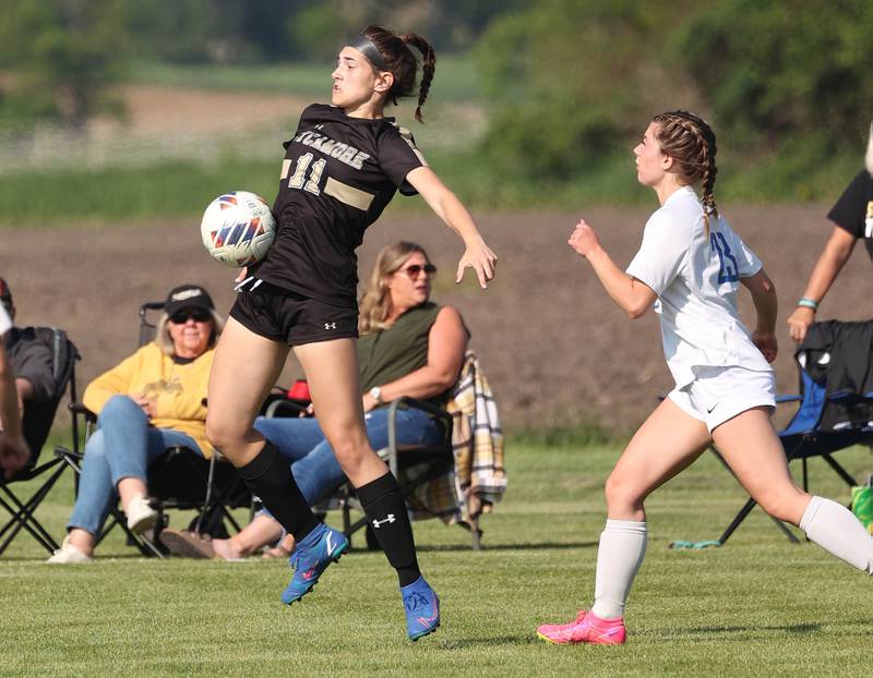 Sycamore's Vivie Chamoun knocks the ball down in front of Woodstock's Sofia Krueger during their Class 2A regional semifinal game Wednesday, May 15, 2024, at Kaneland High School in Maple Park.