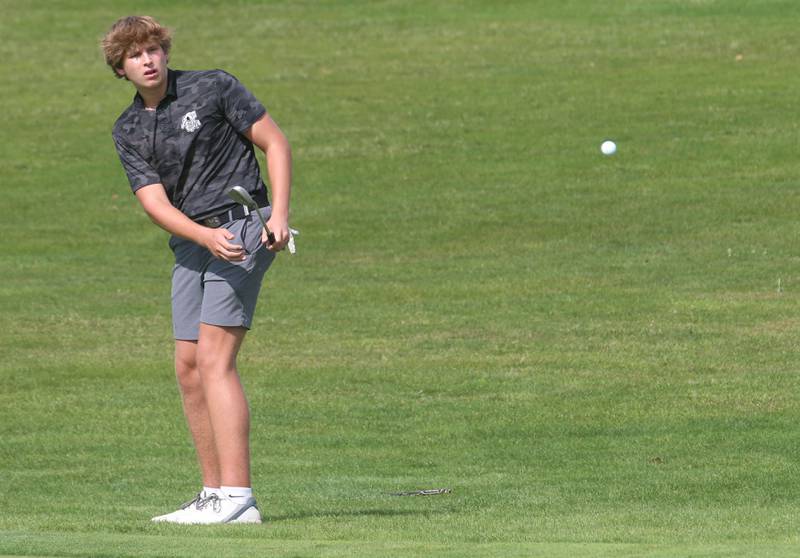 Kaneland's Ryan Brost hits his ball during the Pirate Invitational golf meet on Monday, Sept. 16, 2024 at Deer Park Golf Course in Oglesby.