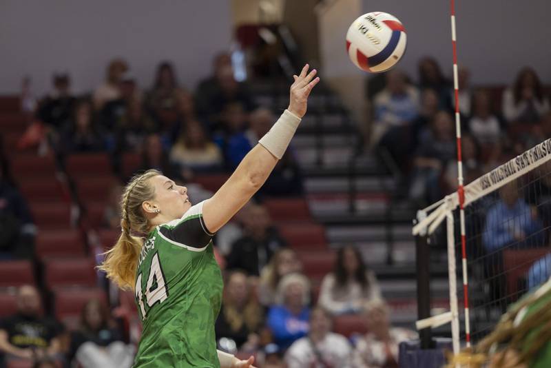 Rock Falls’ Nicolette Udell plays the ball over the net against Breese Mater Dei in the 2A state semifinal Friday, Nov. 10, 2023 at CEFCU Arena in Normal.