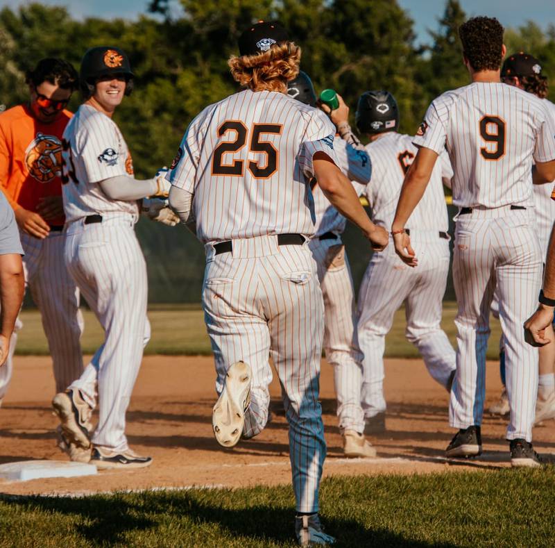 Members of the Illinois Valley Pistol Shrimp celebrate a walk-off single by Pambos Nicoloudes in a 12-11 win over the Burlington Bees on Wednesday, June 19, 2024 at Schweickert Stadium in Peru.