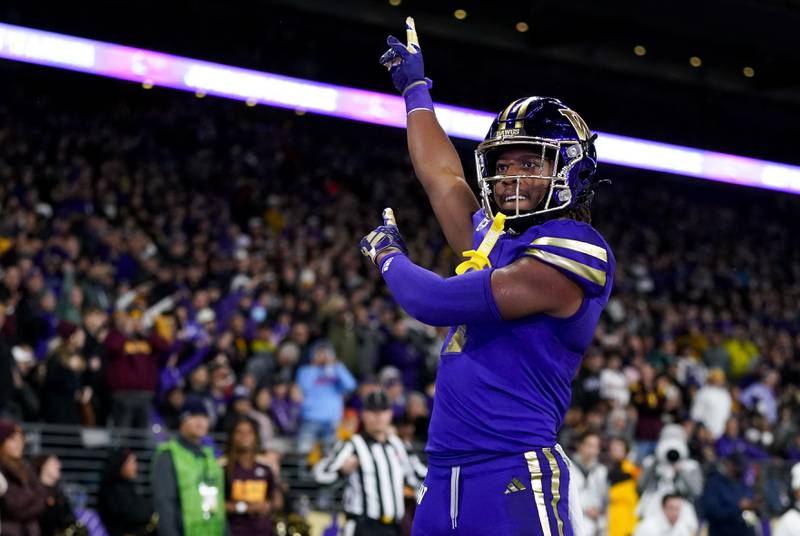 FILE - Washington wide receiver Rome Odunze reacts to breaking up a pass in the end zone against Arizona State during the second half of an NCAA college football game Saturday, Oct. 21, 2023, in Seattle. Washington won 15-7. Odunze is a possible first round pick in the NFL Draft.(AP Photo/Lindsey Wasson, File)