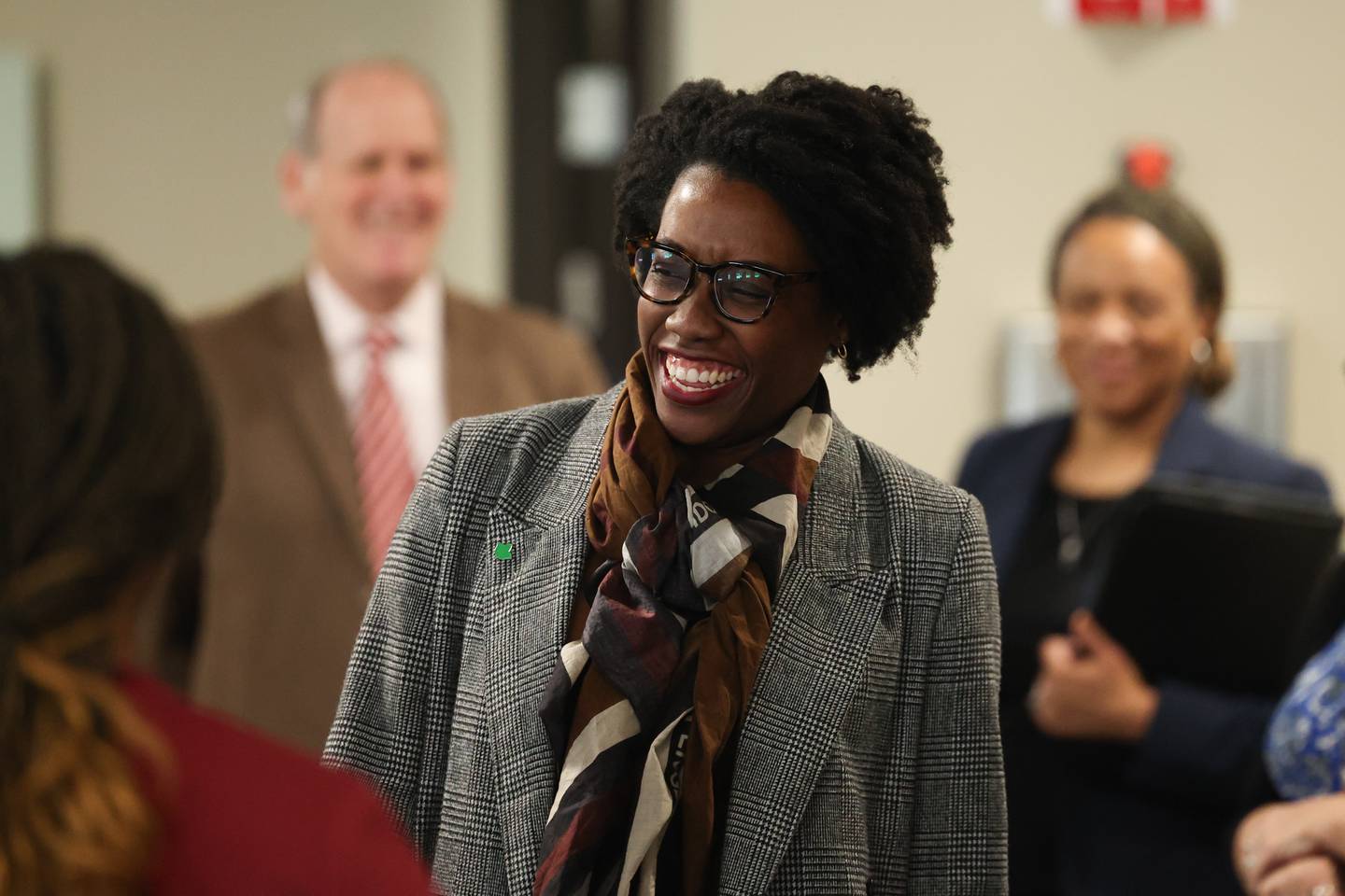 U.S. Representative Lauren Underwood (IL-14) has a laugh with a WIC member at the Will County Health Department facility on Wednesday, Feb. 21st 2024 in Joliet.