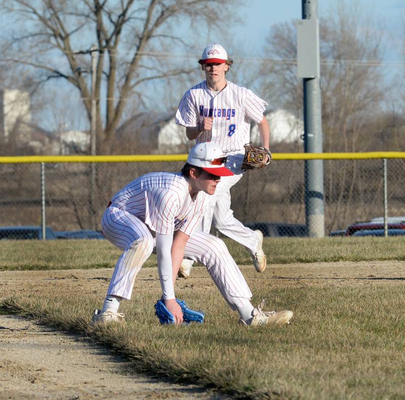 Morrison's Kaleb Schroeder fields a ground ball against Fulton on Friday, March 15. 2024 at the Morrison Sports Complex.