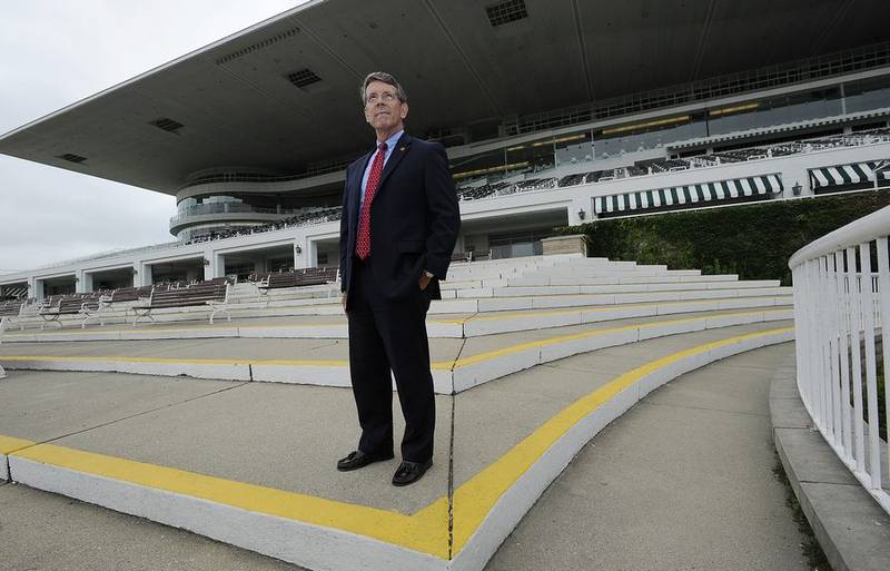 Arlington Heights Mayor Tom Hayes, shown at the former Arlington Park racetrack in 2021, suggested that the village board could end up rejecting the Chicago Bears' redevelopment plans for Arlington Park. It remained up in the air in 2024, the year the racetrack was torn down.