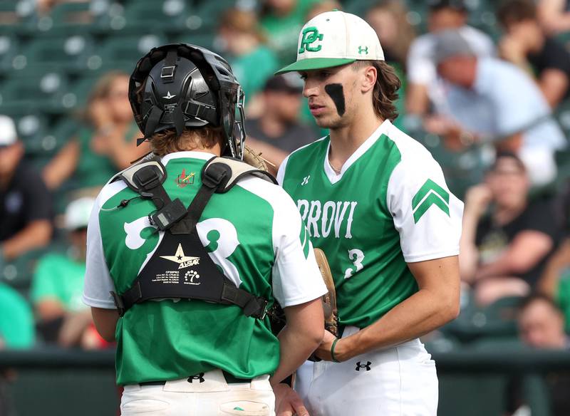 Providence Catholic's Mitch Voltz gets the ball back into the infield during their Class 4A state semifinal game against Edwardsville Friday, June 7, 2024, at Duly Health and Care Field in Joliet.