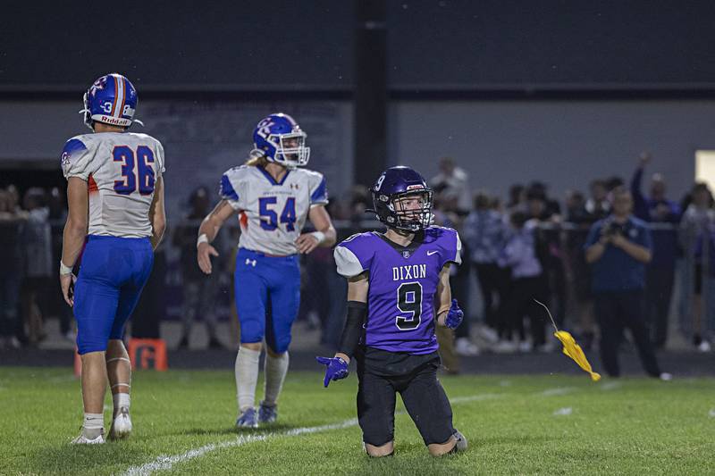 Dixon’s Collin Scott looks for a receives a pass interference call Thursday, Sept. 14, 2023 against Genoa-Kingston in a game at Dixon High School.