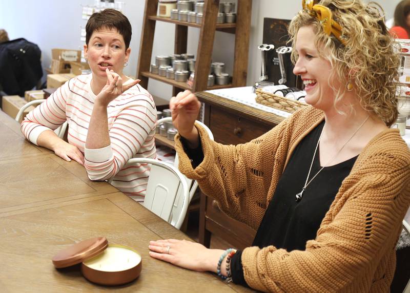 Joni Peterson, (left) owner of 35:35 Makers Collective, talks Friday, March 18, 2022, at the store, to Joni Watson, an artisan who will have her work available at the location. The store, at 308 West State Street in Sycamore, is scheduled to open April 1.