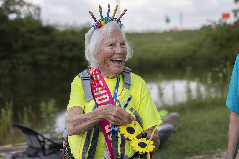 Nancy Gates smiles as the Yak-Yak Sisters sing Happy Birthday on Wednesday, July 24, 2024. Gates, an inspiration and beloved member of the Yak-Yak Sisters, will turn 90 on Aug. 1.