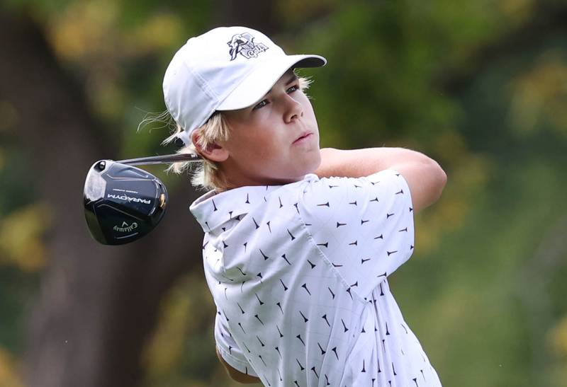 Kaneland’s Dylan Pjesky tees off on the third hole Monday, Sept. 16, 2024, during the Mark Rolfing Cup at the Kishwaukee Country Club in DeKalb.