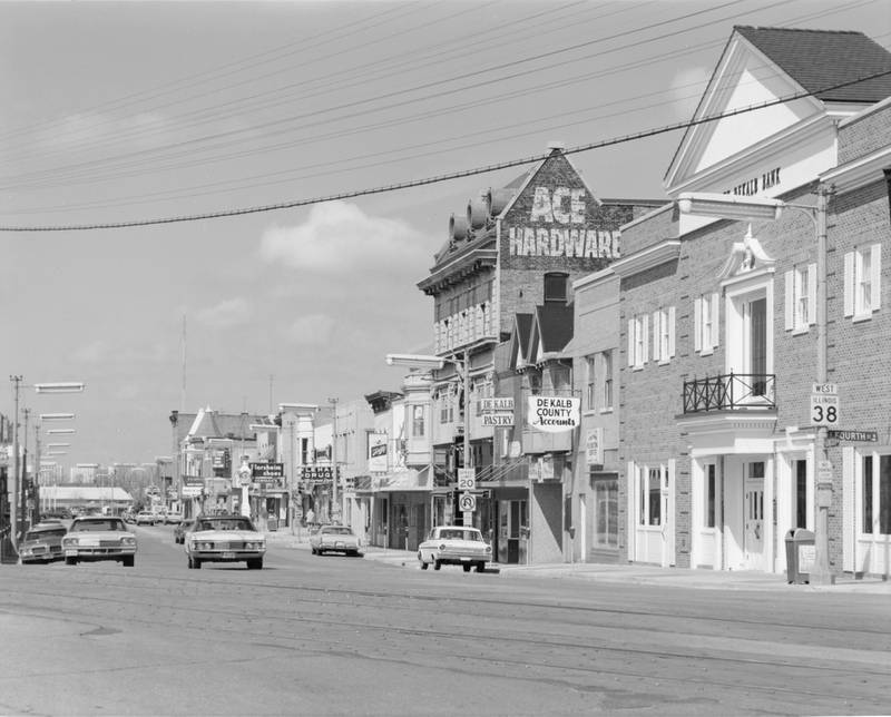 Looking west from 4th Street in downtown DeKalb, circa 1978.