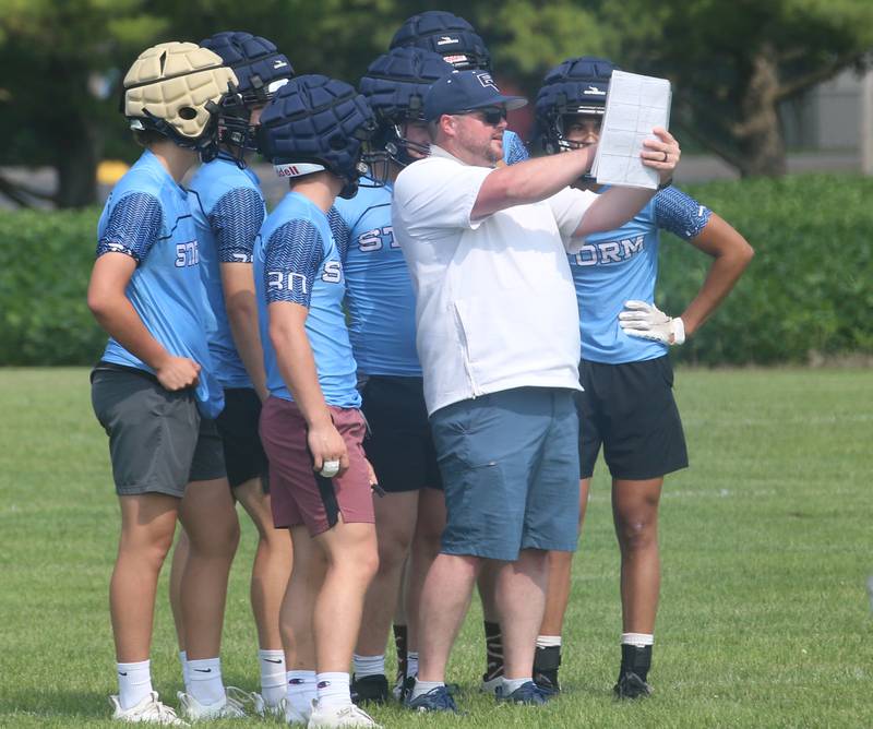 Bureau Valley head football coach Mat Pistole looks to run a play with his players during the 7-on-7 meet on Saturday, July 15, 2023 at Princeton High School.