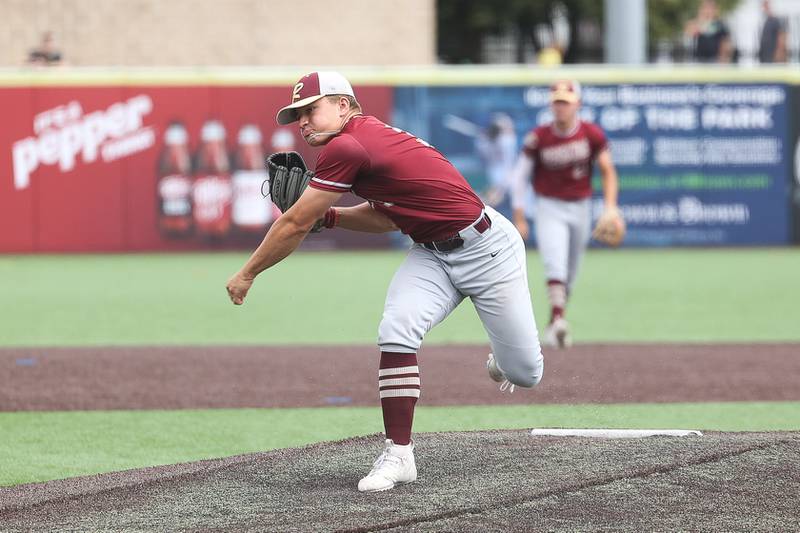 Morris’ Cody DelFavero delivers a pitch against Highland in the IHSA Class 3A 3rd place game on Saturday June 8, 2024 Duly Health and Care Field in Joliet.