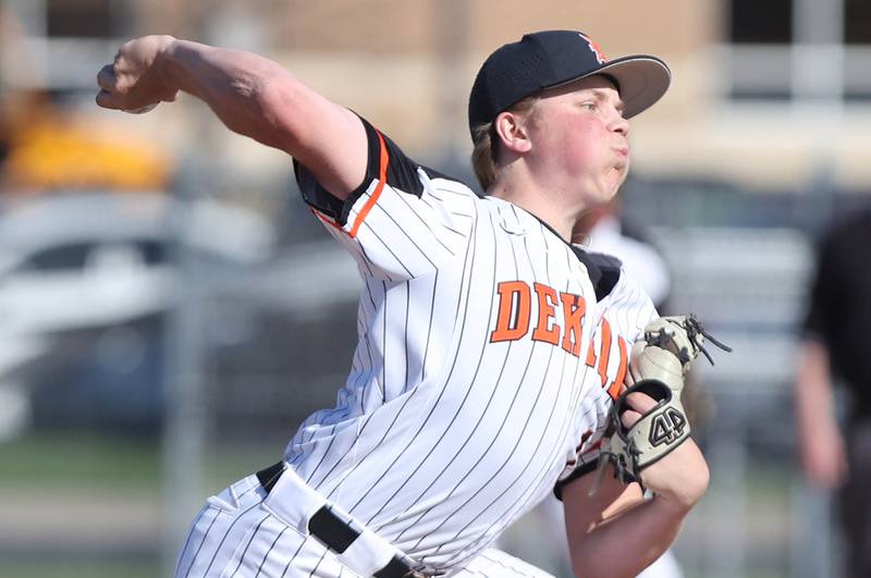 DeKalb's Brodie Farrell delivers a pitch during their game against Metea Valley Thursday, April 13, 2023, at DeKalb High School.