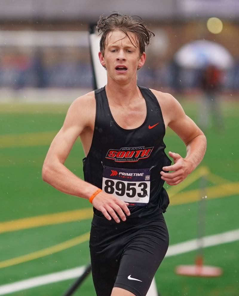 Wheaton Warrenville South’s Aiden Noel crosses the finish line for a fourth place time of 15:32.7 during the DuKane Conference Cross Country Championships at Lake Park High School in Roselle on Saturday, Oct. 14, 2023.