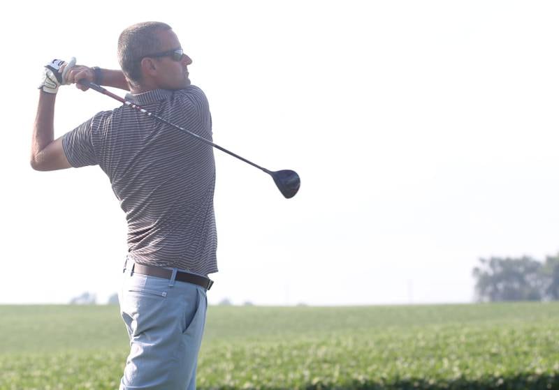 TJ Templeton tees off on the 18th hole during the Illinois Valley Mens Golf Championship on Sunday, July 28. 2024 at Mendota Golf Club.