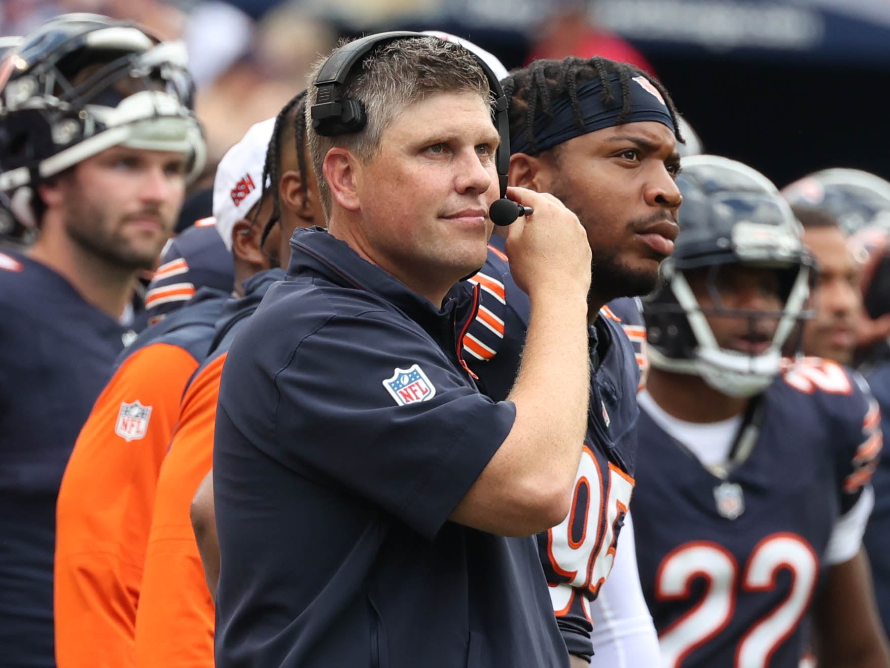 Chicago Bears offensive coordinator Shane Waldron smiles after watching quarterback Caleb Williams engineer a scoring drive during their game Saturday, Aug. 17, 2024, against the Cincinnati Bengals at Soldier Field in Chicago.