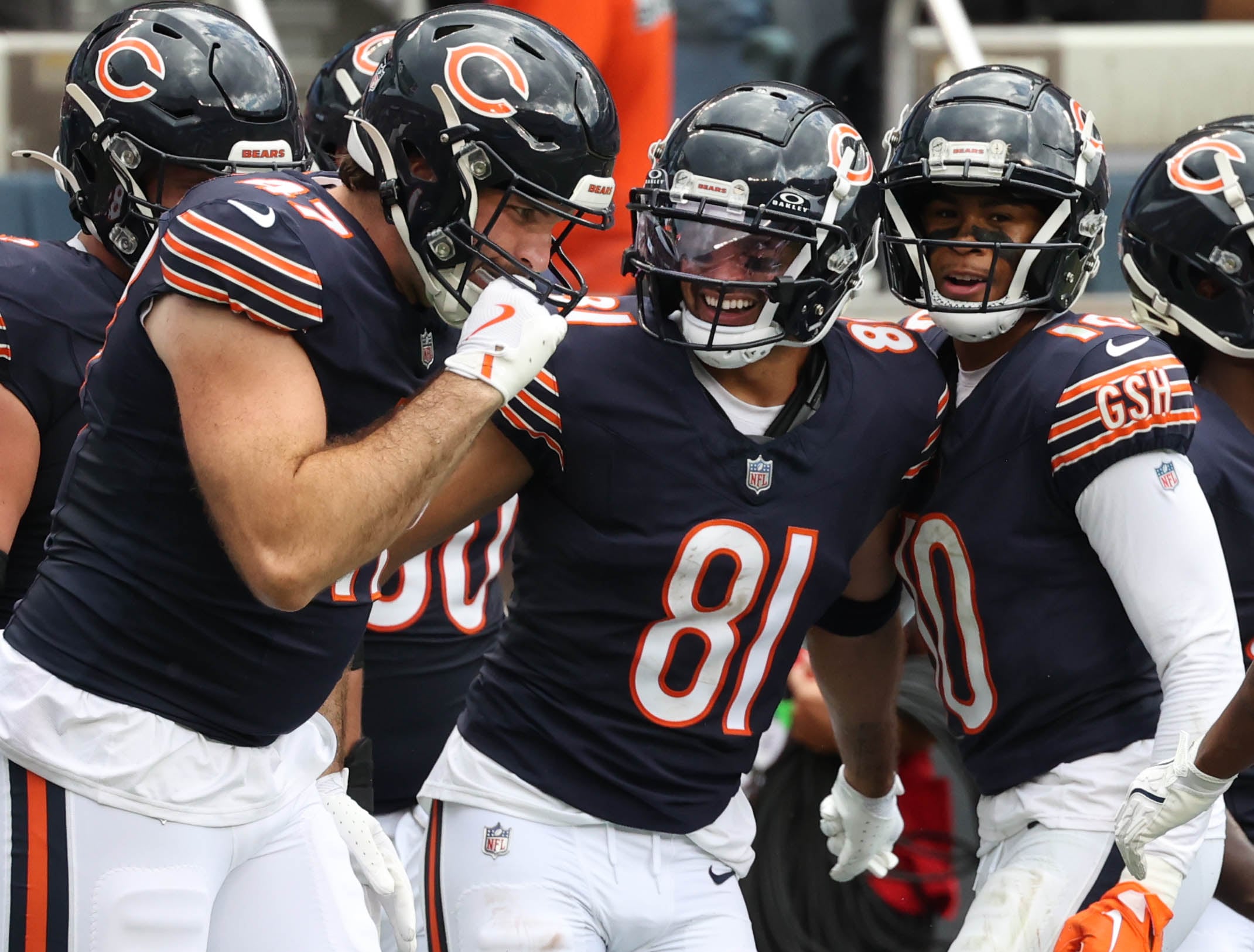 Chicago Bears wide receiver Dante Pettis (middle) celebrates his second touchdown catch during their game against the Cincinnati Bengals Saturday, Aug. 17, 2024, at Soldier Field in Chicago.