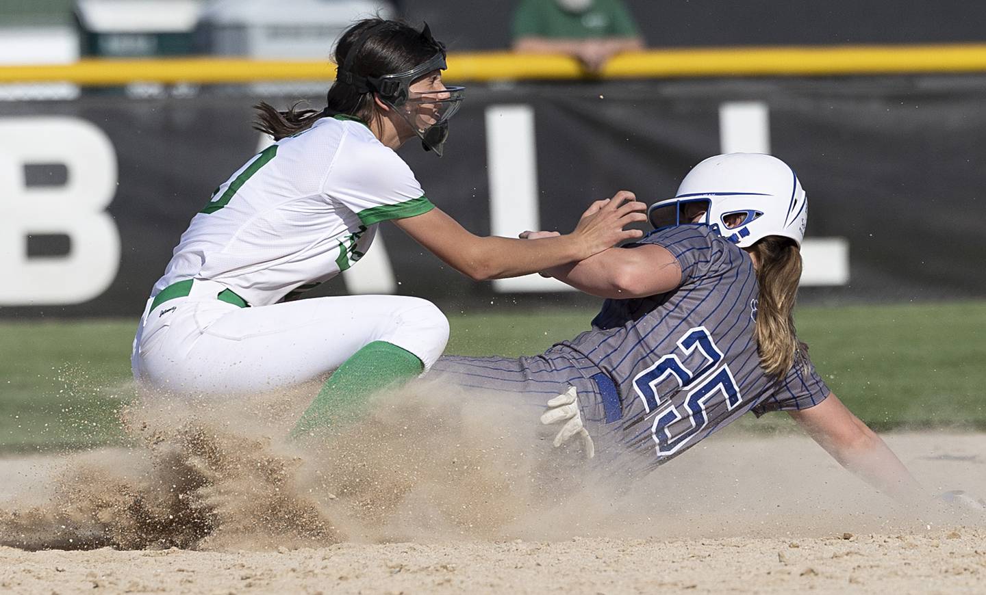 Rock Falls’s Katrina Lecaj tags out Princeton’s Kelsea Klingenberg Wednesday, May 15, 2024 at the Class 2A regional softball semifinal.