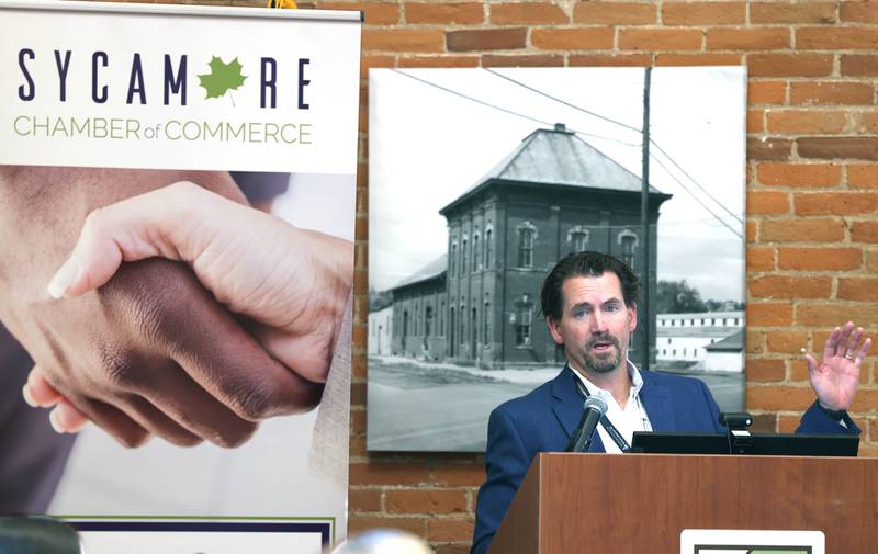 Steve Wilder, superintendent of Sycamore School District 427, makes his remarks Wednesday, May 1, 2024, at the Sycamore Chamber of Commerce State of the Community Address in the DeKalb County Community Foundation Freight Room.