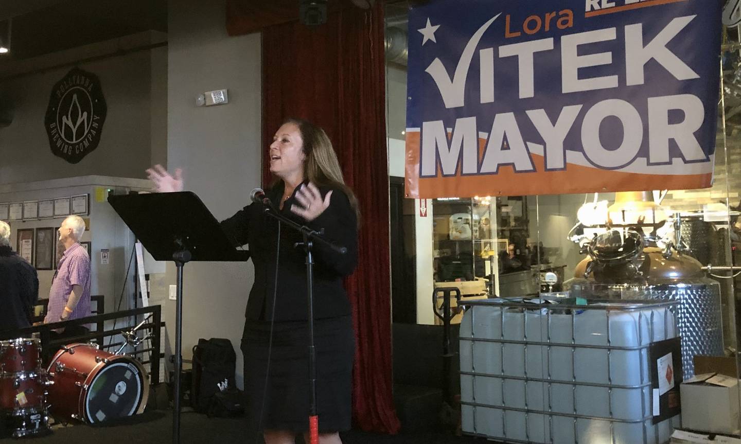 Kane County State's Attorney Jamie Mosser speaks at a campaign event on Aug. 21, 2024, at Pollyanna Brewing Company, endorsing St. Charles Mayor Lora Vitek's bid to run for reelection in 2025.