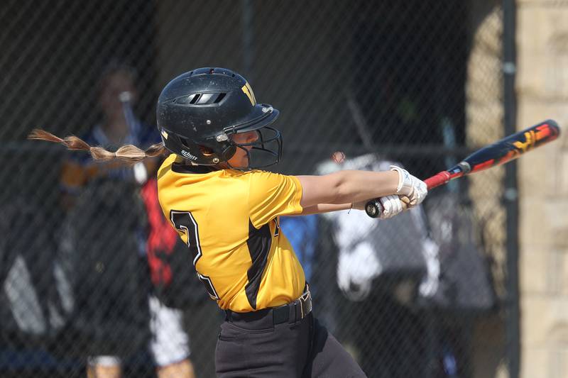 Joliet West’s Mackenzie Farkes connects for a RBI double against Joliet Central on Monday, May 6, 2024.