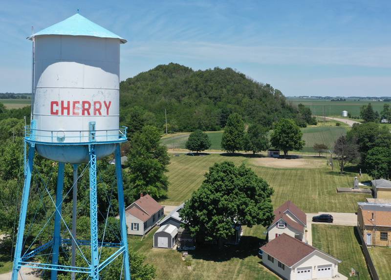 An aerial view of the Cherry water tower next to the mine on Wednesday, June 12, 2024 in Cherry. On Nov. 13, 1909, a total of 259 miners died in the mine.