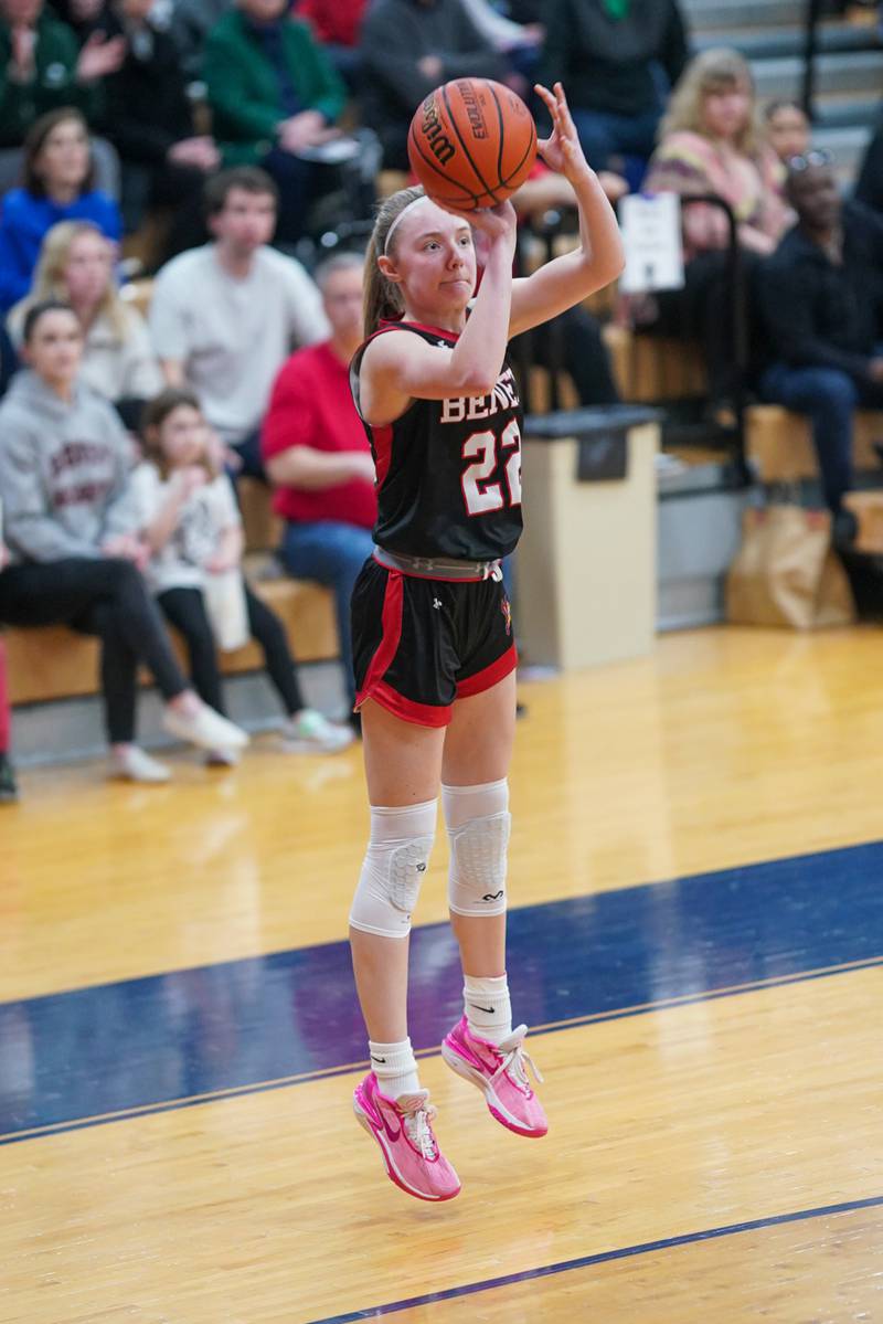 Benet’s Bridget Rifenburg (22) shoots a three pointer against Bolingbrook during a Oswego semifinal sectional 4A basketball game at Oswego High School on Tuesday, Feb 20, 2024.