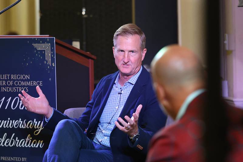 Chicago Cubs President of Business Operation Crane Kenney speaks at the Joliet Region Chamber of Commerce 110th Anniversary luncheon on Tuesday, Sept. 10, 2024 at the Renaissance Center in Joliet.