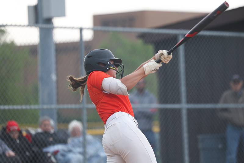 Lincoln-Way West’s Reese Rourke connects for a single against Lincoln-Way Central on Tuesday, May 14, 2024 in New Lenox.