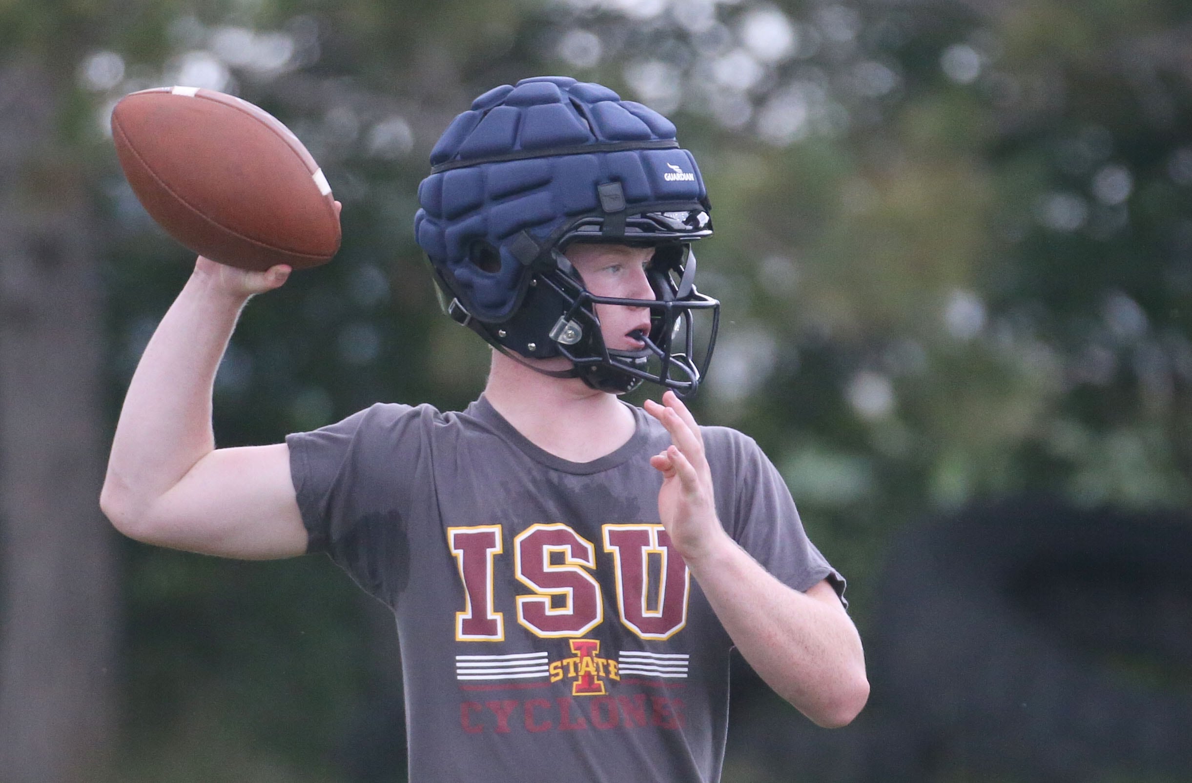 Bureau Valley quarterback Bryce Helms throws a pass during the first day of football practice on Monday, Aug. 12, 2024 at Ken Bourquin Field in Manlius.