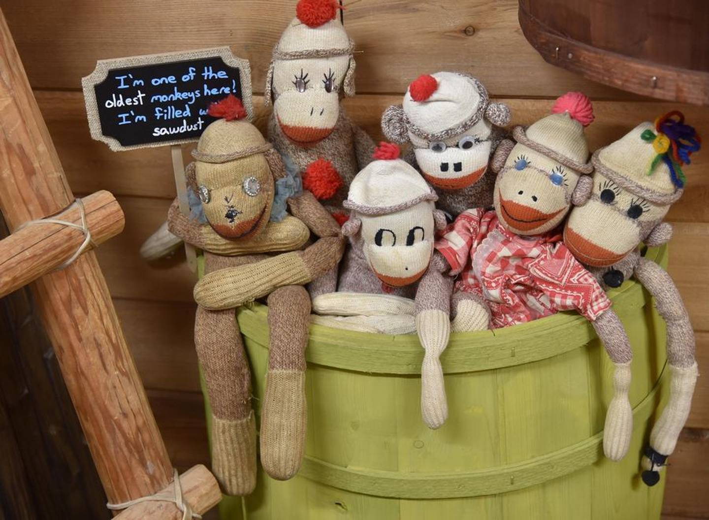A sock monkey filled with sawdust from the 1930s is one of the oldest at the Sock Monkey Museum in Long Grove.